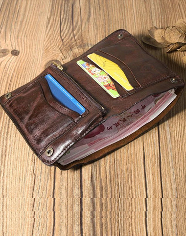 Wrinkled Leather Mens Brown billfold Wallet Front Pocket Leather Black Bifold Wallet Small Wallets for Men