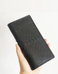 Handmade Cool Mens Black Snake Skin Long Wallet Yellow Slim Bifold Long Wallets For Men