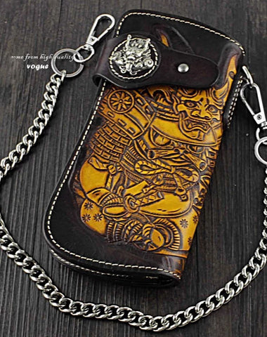 Japanese Ghost Tooled Leather Men's Biker Wallet Chain Wallet Long Wallet with Chain For Men