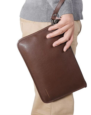 Coffee Leather Mens Large Leather Wallet Wristlet Bag Black Envelope Bag Clutch Wallet for Men