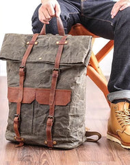 Waxed Canvas Leather Mens 15‘’ Green Waterproof Backpack Khaki Travel Backpack Hiking Backpack for Men