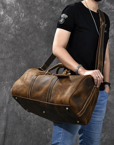 Retro Brown Leather Men's Business Overnight Bag Large Travel Bag Coffee Duffel Bag Weekender Bag For Men