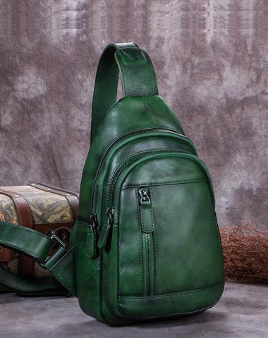 Vintage Green Womens Leather Sling Bag Chest Bags Purses One Shoulder Backpack for Ladies