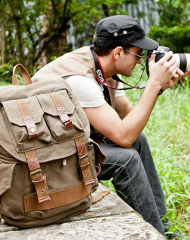 Khaki CANVAS WATERPROOF MENS 16'' CAMERA BACKPACK Army Green LARGE NIKON CAMERA BAG DSLR CAMERA BAG FOR MEN