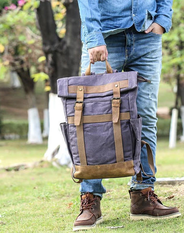 Waxed Canvas Leather Mens 15‘’ Gray College Backpack Travel Backpack Hiking Backpack for Men