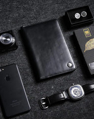 Fashion Leather Men's Black Bifold Long Wallet Passport Wallet Travel Wallet For Men