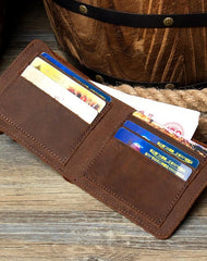 Brown Cool Leather Mens Bifold Small Wallet Thin Front Pocket Wallets Slim billfold Wallet for Men