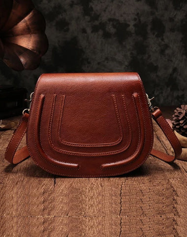 Vintage Womens Brown Leather Saddle Handbag Vintage Style Shoulder Purses for Ladies