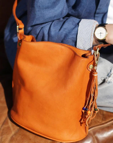 Fashion Womens Brown Leather Bucket Shoulder Bag Tan Bucket Side Bag Crossbody Bag for Ladies