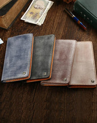 Simple Handmade Mens Brown Slim Long Wallet Blue Bifold Slim Card Wallet Clutch Wallet For Men