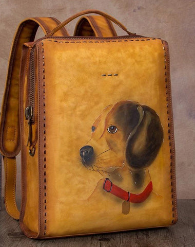 14" Handmade Ladies Leather Womens Backpack Paint Puppy Tooled Leather Rucksack Bag