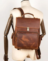Brown Casual Leather Mens 13 inches School Backpack Travel Backpack Computer Backpack for Men