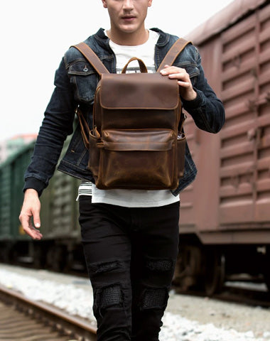 Brown Casual Mens Leather 15inches Computer Backpacks Black Travel Backpack College Backpacks for men