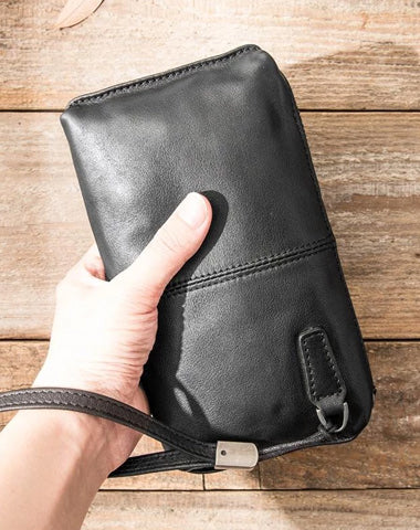 Black Leather Mens Long Zipper Clutch Wallet Wristlet Bag Long Wallet Phone Purse for Men