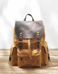 Cool Canvas Leather Mens Waterproof 14'' Computer Backpack Large Hiking Backpack Travel Backpack for Men