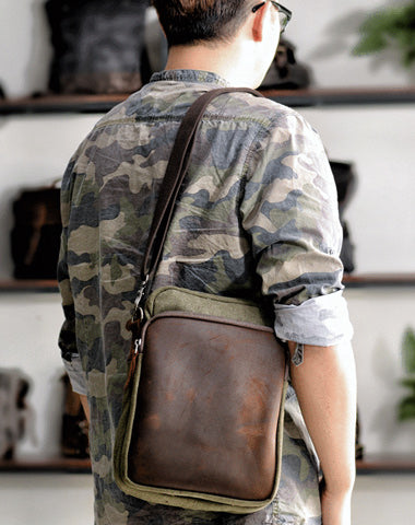 Cool Canvas Leather Mens Vertical Small Side Bag Gray Messenger Bag for Men