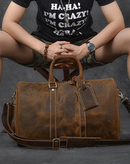 Retro Brown Leather Men's Business Overnight Bag Large Travel Bag Duffel Bag Weekender Bag For Men