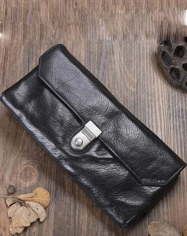 Handmade Black Cool Leather Mens Long Leather Wallet Bifold Clutch Wallet Phone Bag for Men