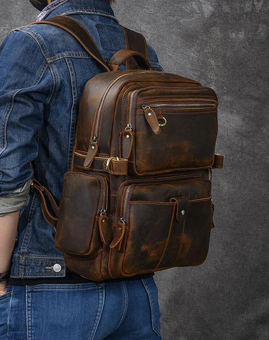 Brown Leather Mens 14" Laptop Hiking Backpack Travel Backpack College Backpack for Men