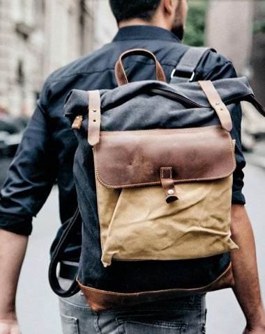 Cool Canvas Leather Mens Large Waterproof Green Backpack Travel Backpack Black Computer Backpack for Men