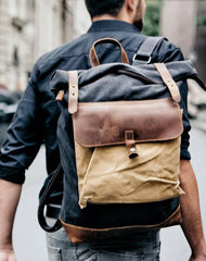 Cool Canvas Leather Mens Large Waterproof Green Backpack Travel Backpack Black Computer Backpack for Men
