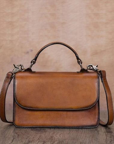 Tan Vintage Womens Leather Square Satchel Handbag Brown Shoulder Bag Purse for Ladies