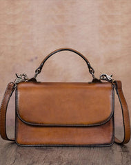 Tan Vintage Womens Leather Square Satchel Handbag Brown Shoulder Bag Purse for Ladies
