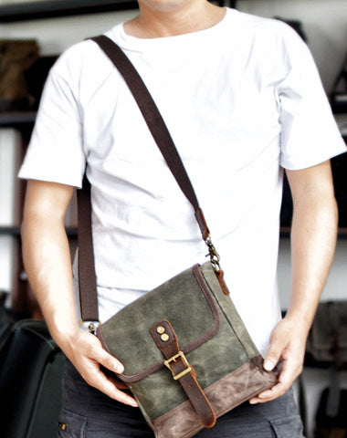 Cool Canvas Leather Mens Small Green Messenger Bag Vertical Side Bag Shoulder Bag For Men