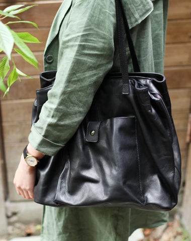 Fashion Womens Black Leather Large Horizontal Tote Bag Womens Black Shoulder Tote Bag