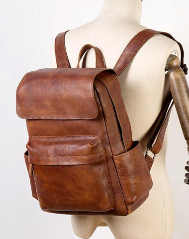Brown Fashion Mens Leather Large 15inch Laptop Backpacks Black Travel Backpacks School Backpack for men