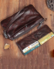 Handmade Wrinkled Leather Mens Brown Cool Long Wristlet Wallet Black Clutch Wallet for Men