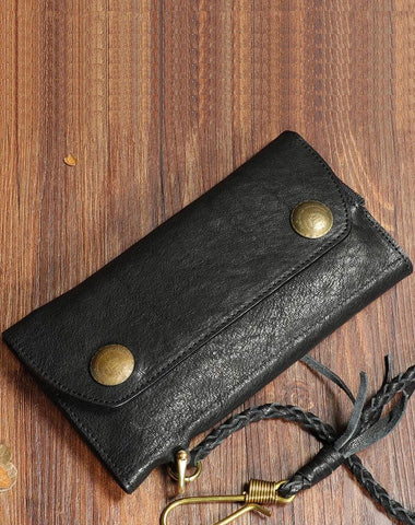 Cool Leather Mens Black Long Chain Wallet Brown Long Trifold Biker Wallet for Men