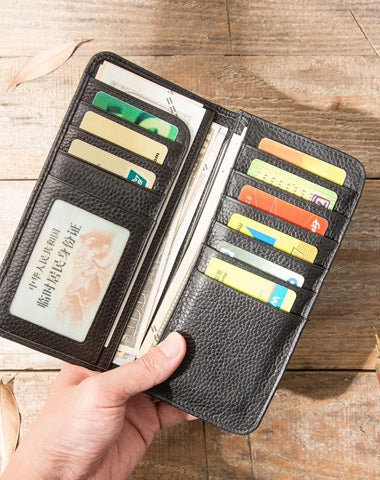 Fashion Black Leather Mens Bifold Long Wallet Thin Card Wallet Black Long Wallet for Men