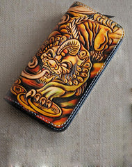Handmade Tooled Brave Troops Leather Mens Cool Long Leather Wallet Zipper Clutch Wallet for Men