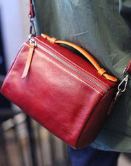 Vintage Womens Leather Red Satchel Handbag Shoulder Bag Leather Square Crossbody Bag Purse