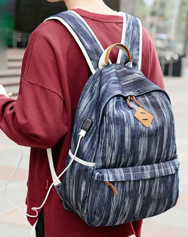 Canvas Women Mens 14" Navy Blue Travel Backpack Brown Computer Bag College Backpack for Men