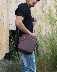 Cool Brown Leather Mens Vertical Side Bag Postman Bag Small Messenger Bags Courier Bag for Men