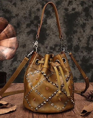 Tan Leather Womens Bucket Handbag Shoulder Bag Studded Western Brown Leather Shoulder Barrel Bag Purse