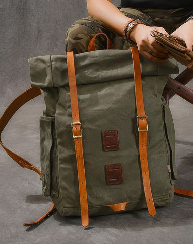 Cool Canvas Leather Mens Womens 16" Army Green Hiking Backpack Travel Backpack College Backpack  for Men