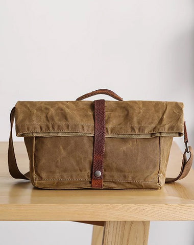 Waxed Canvas Mens Side Bag 13‘’ Khaki Courier Bag Messenger Bag for Men