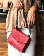 Red Vintage Leather Womens Chain Shoulder Bag Brown Side Bag Cross body Purse for Ladies