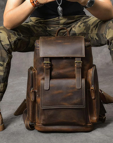 Brown Leather Mens 15" Laptop Backpack Travel Backpack Coffee College Backpack for Men