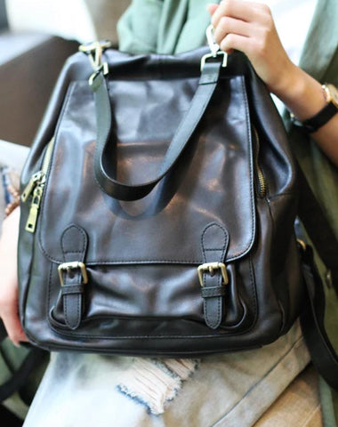 Cute Trendy Girls Black Leather Backpacks Womens Black School Backpack Purse for Women