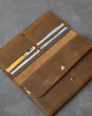 Brown Leather Mens Long Wallet Long Bifold Card Wallet For Men