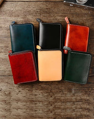 Handmade Cool Mens Leather Zipper Red Small Wallet Green Bifold billfold Wallet for Men