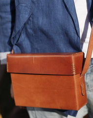 Vintage Womens Brown Leather Small Square Shoulder Bag Brown Leather Box Satchel Crossbody Purse