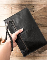 Black Cool Leather Mens Wristlet Bag Long Zipper Clutch Wallet Long Wallet Envelope Bag for Men