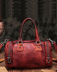 Red Genuine Leather Womens Rivet Round Boston Handbag Brown Shoulder Bag Purse for Ladies