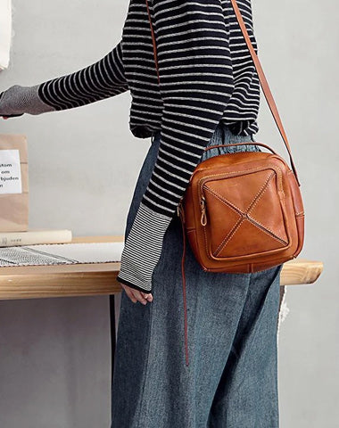 Vintage Womens Brown Leather Square Small Handbag Side Bag Crossbody Bag for ladies