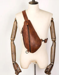 Brown Casual Leather Mens Sling Bag Chest Bags Brown SLing Pack One Shoulder Backpack for Men